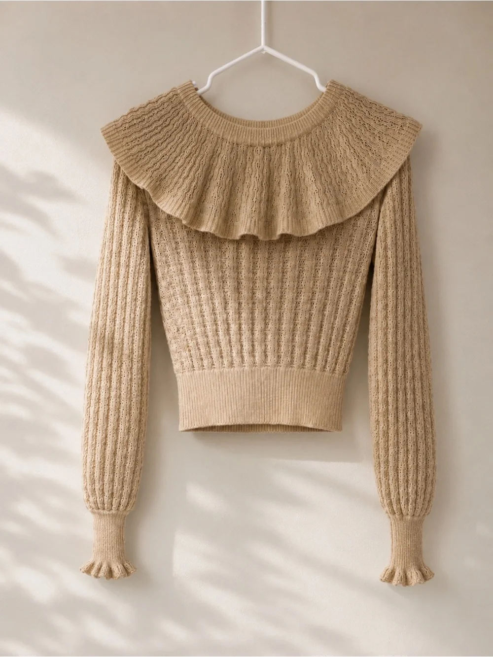 Beige Pointelle Knit Ruffle Collar Cropped Sweater Romantic Cottagecore